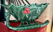 Lefton Vintage Green Christmas Sleigh Holly Berry Candy Dish Holiday Decor
