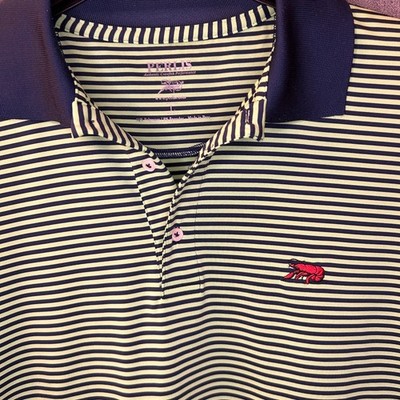 PERLIS Mens L Performance Golf Polo Shirt Authentic Crawfish Navy Lime Stripe