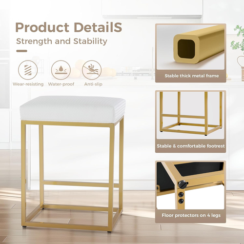 White & Gold Counter Height 24" Bar Stools Set of 2 for Kitchen Counter Modern B - Picture 4 of 10
