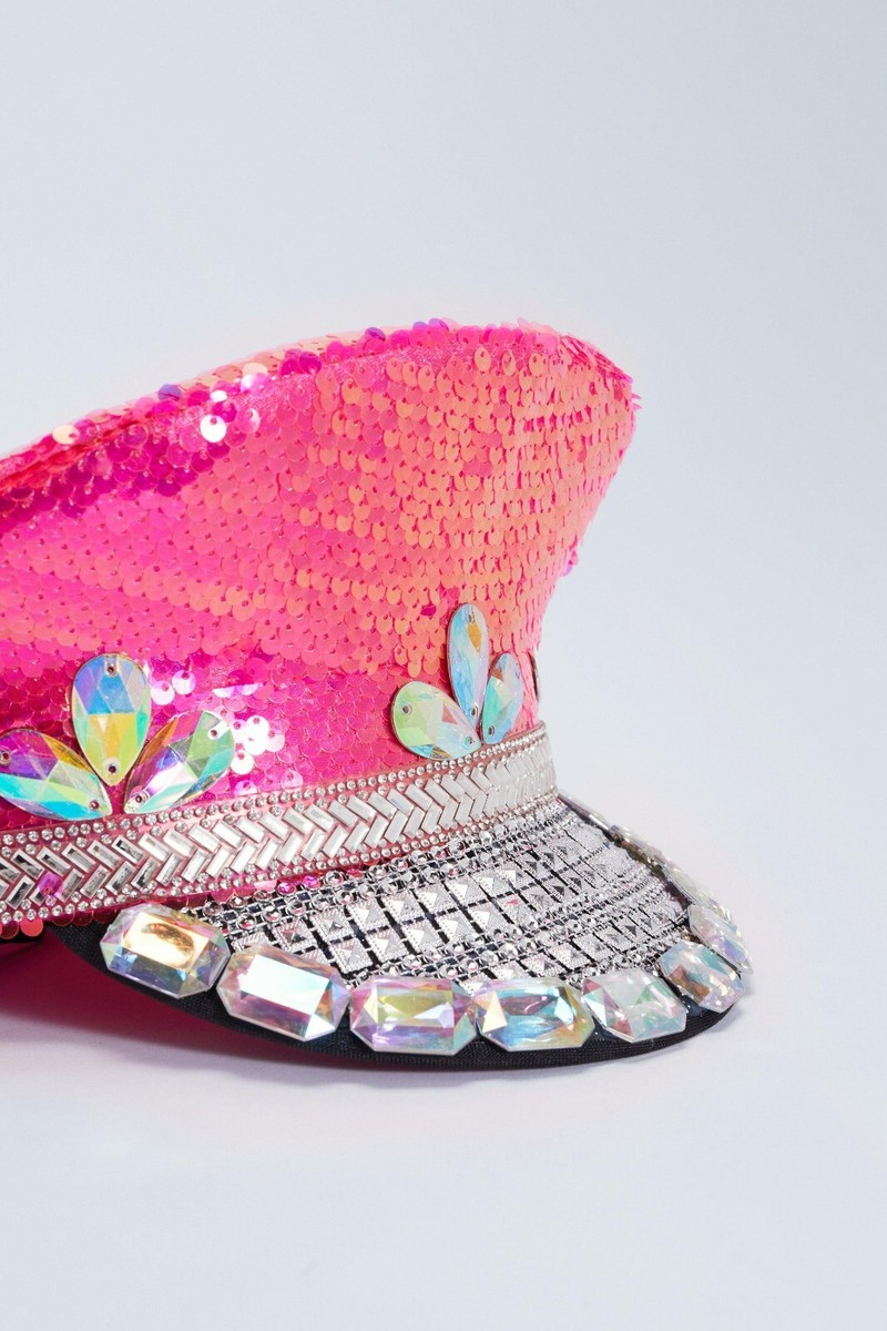 Hot Pink Sequin Rhinestone Captain Hat Festival Rave 