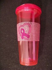 Pink Ribbon bling plastic travel mug cup Breast Cancer folding spout insulated