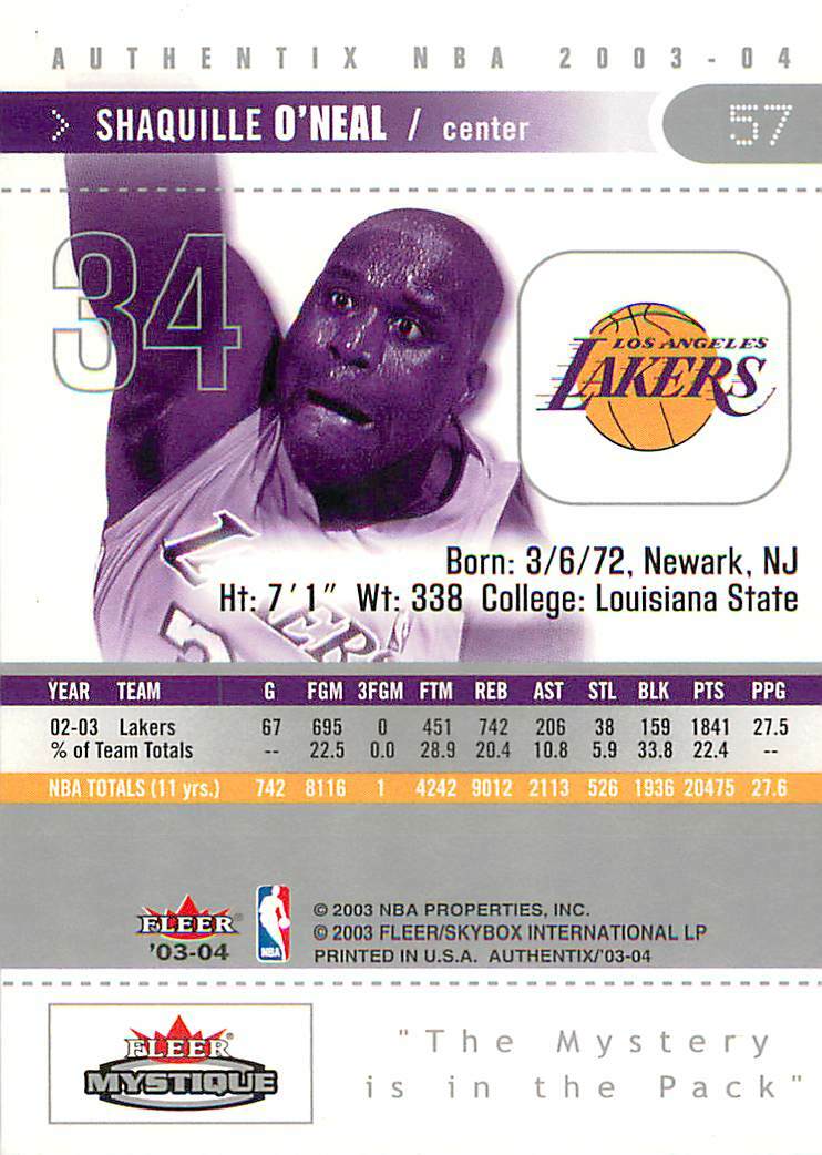 SHAQUILLE O'NEAL 2003-04 Fleer Authentix ARENA ACCESS #57 Lakers