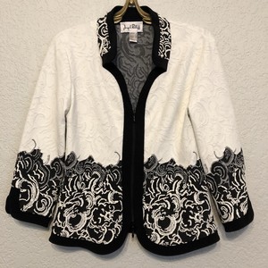 Joseph-Ribkoff-Size-6-Jacket-Blazer-Black-White-Knit-Stretch-Jacquard-Floral-Zip