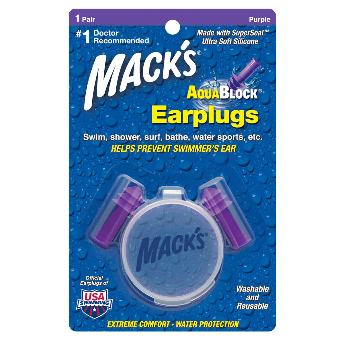 NEW Macks AquaBlock Reusable Swimming Ear Plugs (1 Pair)