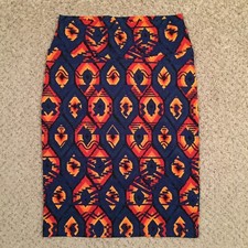 LuLaRoe Cassie Skirt Small Knee Length Unlined Pull On Blue Orange Geometric