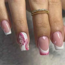 24pcs Glossy Butterfly French Tip Press On Nails with Pink Glitter Design