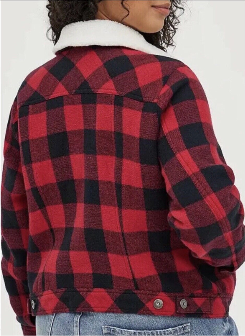 Torrid Trucker Jacket Coat Women's Plus 1X Red Black Buffalo Plaid Sherpa Collar image 2