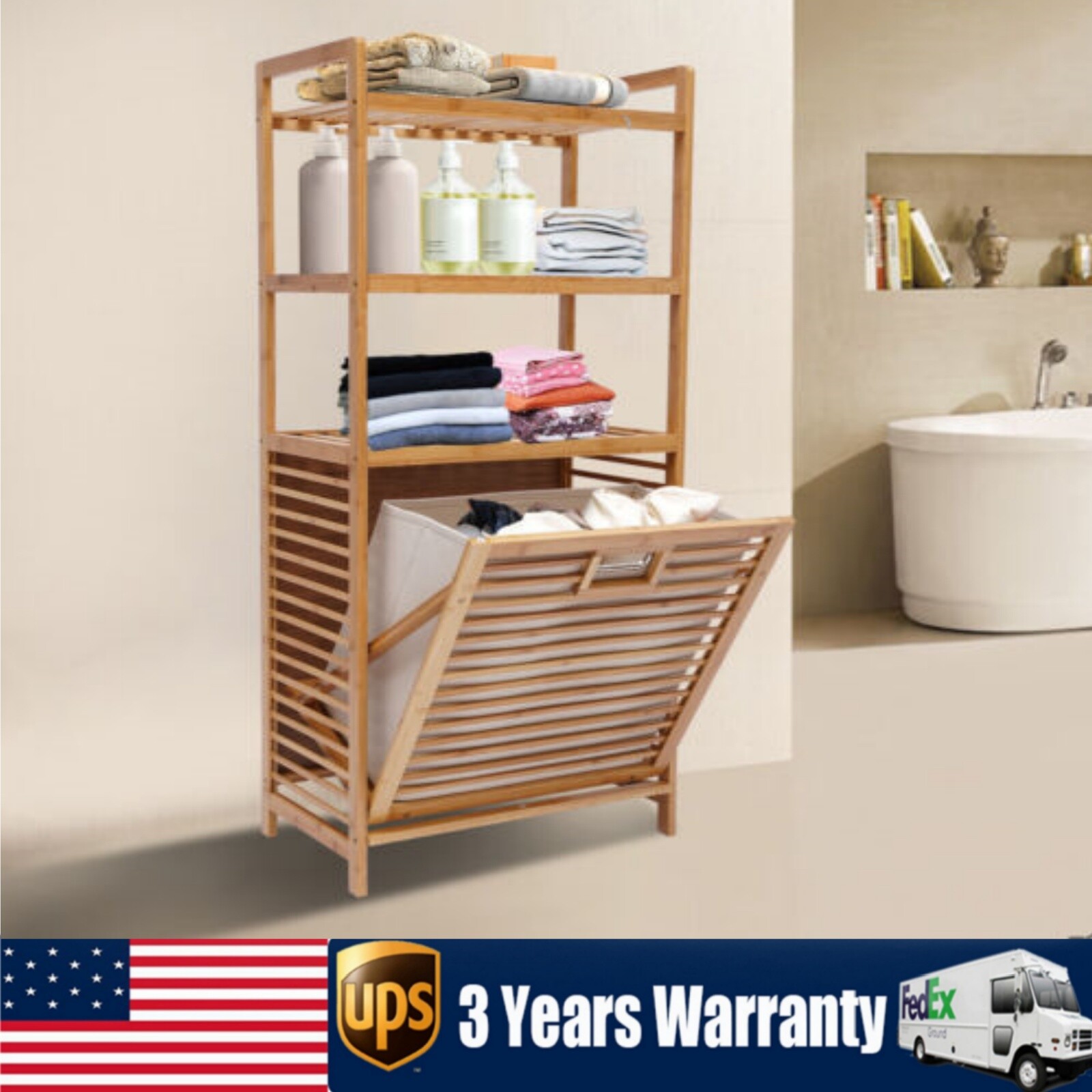 Laundry Hamper Bamboo Bathroom Cabinet Organizer 4 Tier Shower Caddy Shelf Rack-image