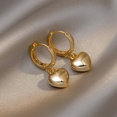 18K Gold Filled Heart Dangle Earrings - Tiny Huggie Hoops, 11mm Hoop, 10mm Heart
