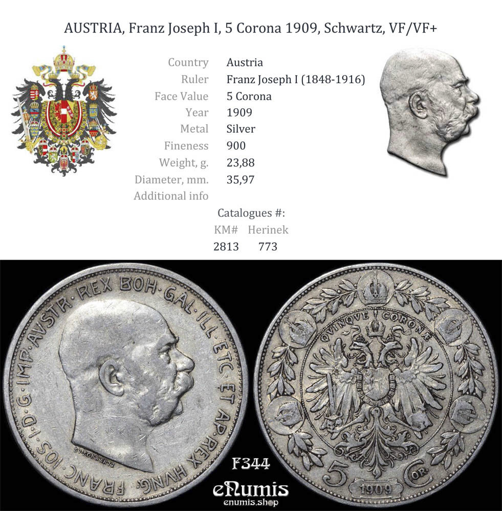 AUSTRIA, Franz Joseph I, 5 Corona 1909, Schwartz, VF/VF+ | eBay