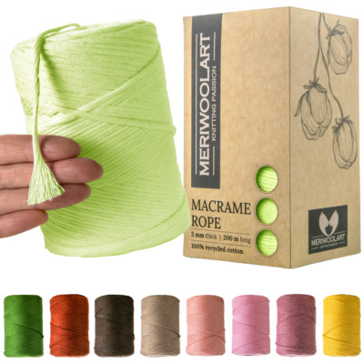 MeriWoolArt Makramee Garn 3mm 200m - Öko-Tex 100% recyceltes Baumwollgarn farbig