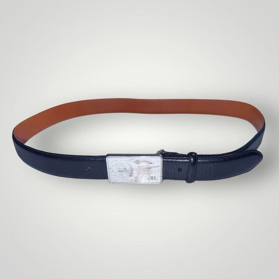 CINTURÓN DE VESTIR POLO RALPH LAUREN NEGRO HEBILLA PLATEADA ENVEJECIDA CUERO ITALIANO 36 Foto 2 de 4