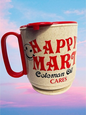 #ad Vintage Happy Mart Coleman Oil Cares Whirley Travel Mug Cup w Lid Gas Station $18.99