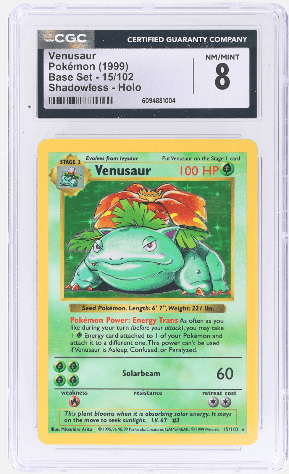 1999 Pokemon Base Set Venusaur Shadowless Holo #15 CGC 8