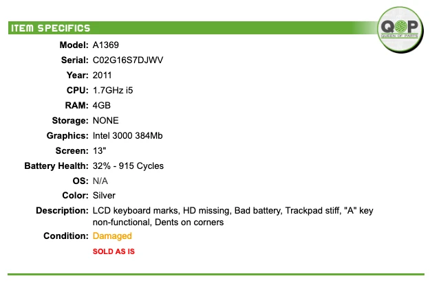 Apple MacBook Air A1369 2011 - 13", 1,7 GHz i5, 4 GB de RAM, sin SSD Foto 2 de 4