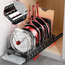 Pull Out Pots & Pans Organizer Under Cabinet 20” Deep Pot Lid Rack Adjustable 5C