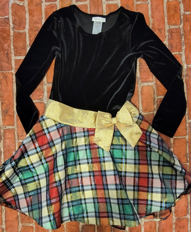 Bonnie Jean Girls Black Velvet and Plaid Holiday Dress Size 12 with Gold Bow