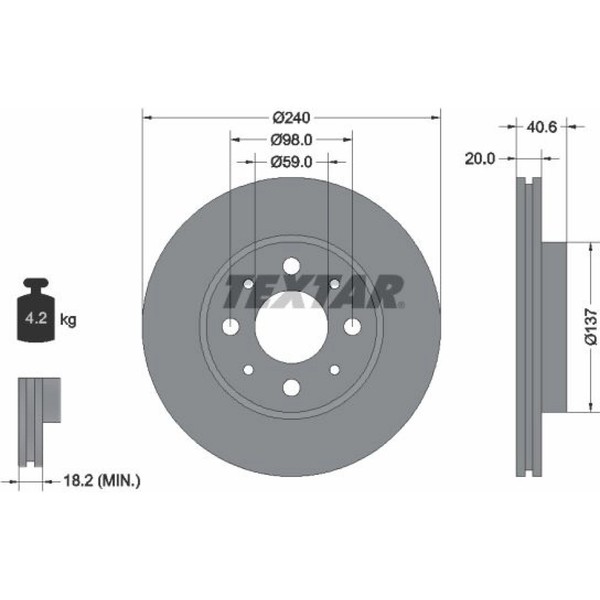 2X Textar 92118003 Bremsscheibe FüR Fiat Ford Panda Panda Classic 500 C 500 KA-image