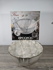 Arcoroc France Vintage 1970s Glass Punch Bowl Set 8 Cups BBQ Garden party In Box
