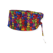 Multi Color Puzzle. Tie Back Scrub hat / cap Surgical Medical Autism Awareness