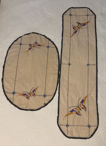 Vintage Pair Art Deco Butterfly Table Runner Dresser Scarf Hand Embroidered Read