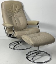 Vintage Mid Century Ekornes Stressless "Fog" Leather Recliner Ottoman on Chrome