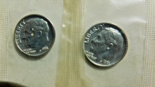1961 x 2 Proof Roosevelt Dime 90% Silver United States Coins in Cello Lot of 2