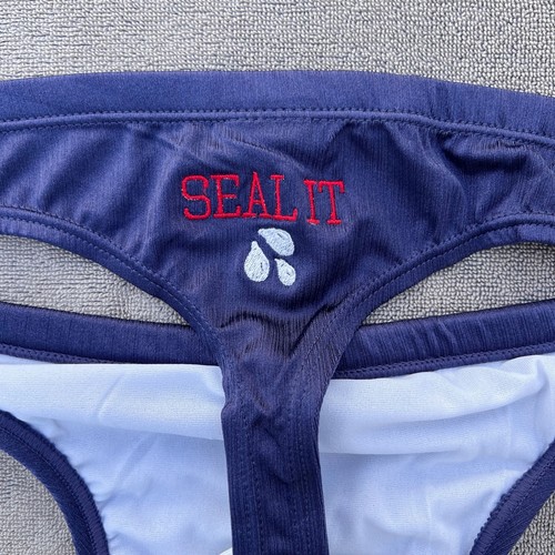 Suggestive Seal It Custom embroidery in USA mens navy blue swim thong swimwear - Picture 5 of 7
