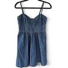 Express Denim Mini Dress Small Y2K Corset Bustier Smocked Back Babydoll