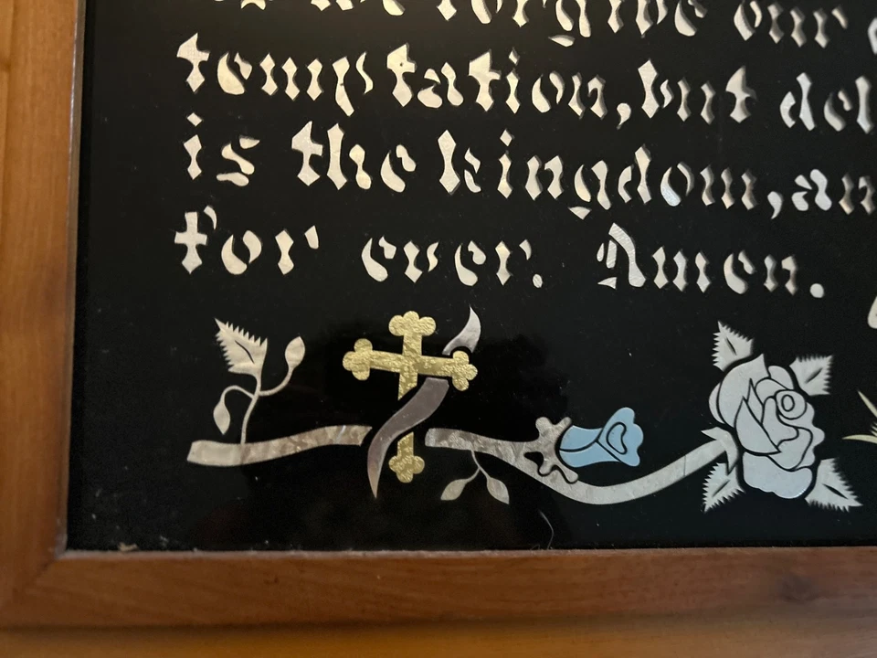 Antique Reverse Painted Glass & Foil Art The Lords Prayer Oak Framed - Image 2 of 4