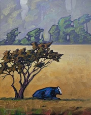 Peaceful Cow Art Original Impressionism Hawkins Painting Oil on Canvas Large