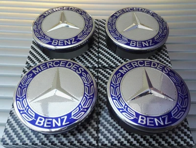 MERCEDES BENZ ALLOY WHEEL CENTRE CAPS BLUE 75mm Badges - FITS ALL - Image 1 of 4