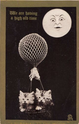 Having a High Old Time Cats Kittens Hot Air Balloon Face on Moon 1910 Postcard - 第 1/2 張圖片