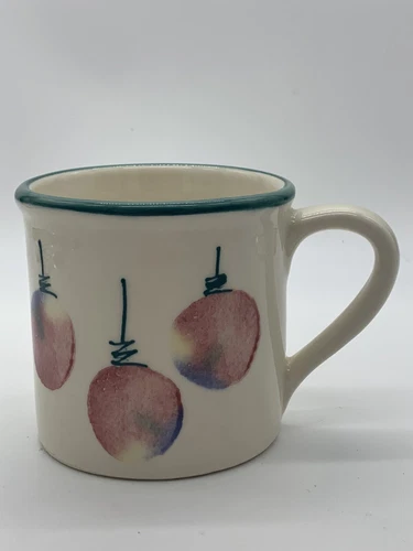 Hartstone Pottery Muted Christmas Ornaments w/Green Rim 12oz Coffee Mug Vtg