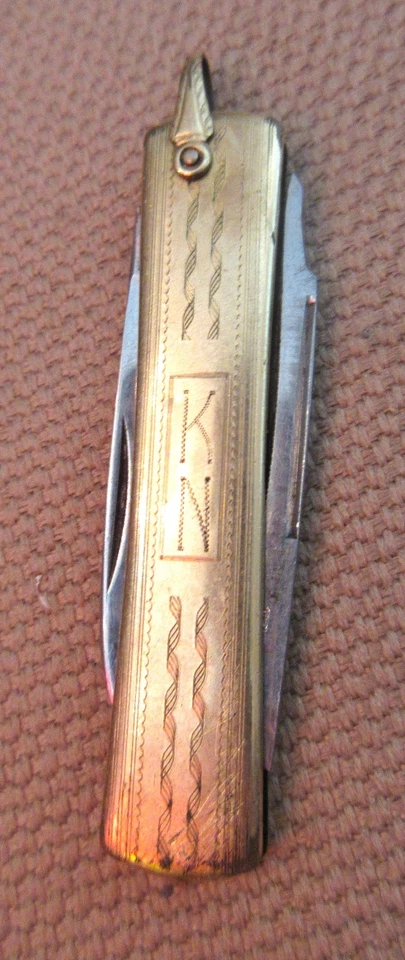 faca dobrável antiga vitoriana folheada a ouro amarelo 12k bolso ferramenta de adulteração de cachimbo - Imagem 3 de 4