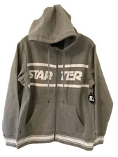 Sweatshirt Men L Jr Starter Hoodie Fleece White Heathered Spell Out Drawstring