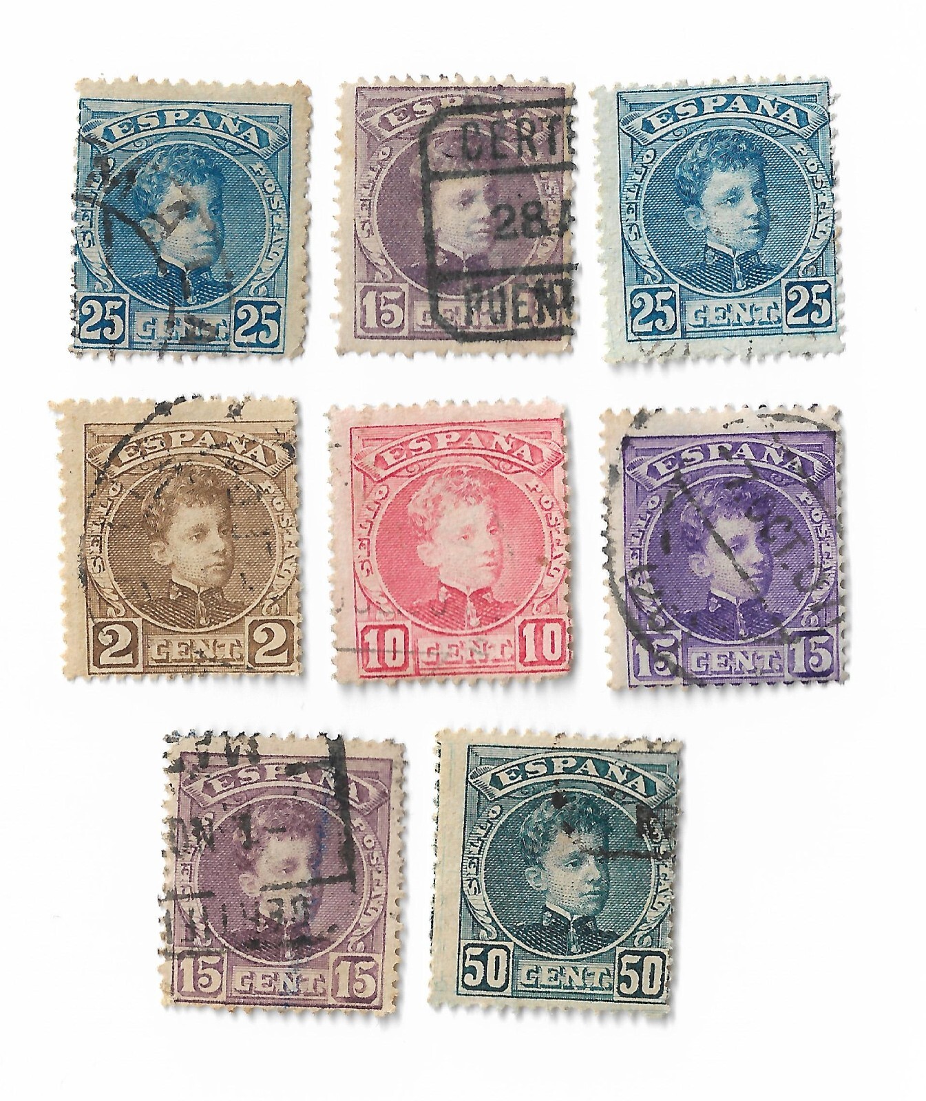 Sellos postales de España x 8, 1901 Rey Alfonso XIII - Números de control en reverso