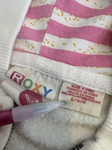 VINTAGE Y2K Giacca con cappuccio e zip ROXY ragazza bianco rosa grande DIFETTO - Foto 5 di 10