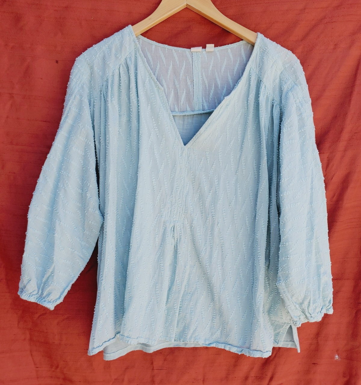 DOLAN Light Blue Cotton Pullover Blouse with Applique Tufts - Cute Top Shirt