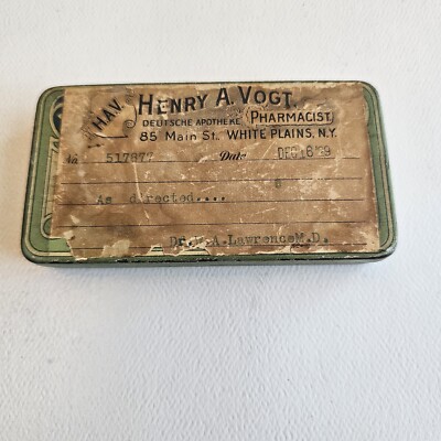 Henry A Vogt White Plains N.Y. Pharmacist Vintage Metal Prescription Tin 1929 