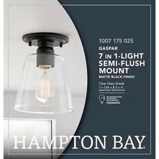 Hampton Bay Gaspar 7 in. Matte Black Semi Flush Mount Ceiling Light Clear Glass