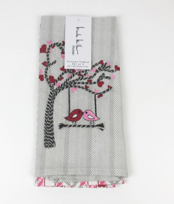 Set of 2 Nicole Miller Kitchen Towels 20x28 - Valentine's Day Love Bird's Hearts