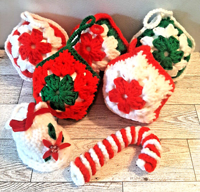 Vintage Crochet Christmas Ornaments Set of 7 Granny Square Stocking Handmade