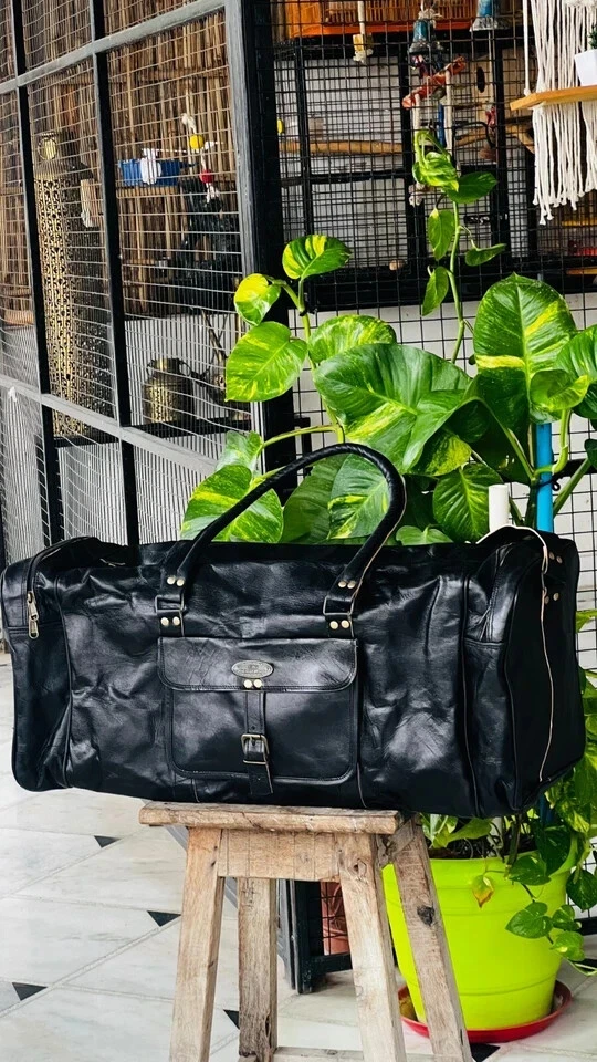 Vintage Goat Black Silky Leather Travel Luggage Duffel Weekender Overnight Bag - Image 2 of 4