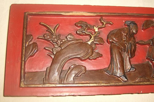 CHINESE Carved Wood Panel Antique Red Paint Wooden Carving Asian 15 x 4 3/4 - Picture 2 of 9