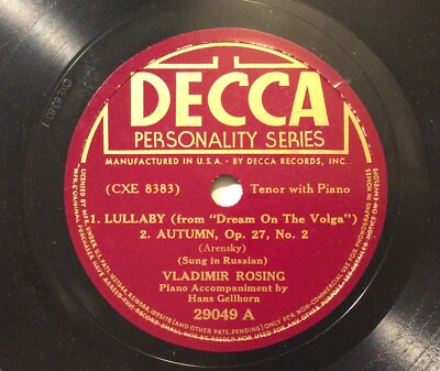 Vladimir Rosing   78 rpm Decca 29049: ARENSKY Lullaby; Autumn/GRETCHANINOFF 