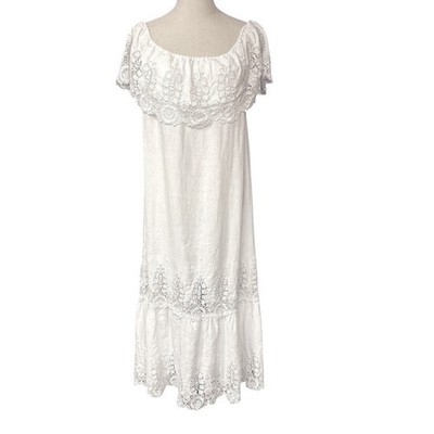Miguelina Women's Off Shoulder Linen Crochet Lace Midi Dress Size Small |  eBay
