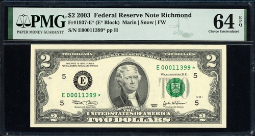 Fr. 1937-E* (E* Block) 2003 $2 Richmond Star Note PMG Choice Uncirculated 64 EPQ