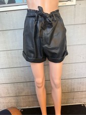 Women’s High-Rise Black Faux Leather Paperbag Shorts with Tie Belt size medium