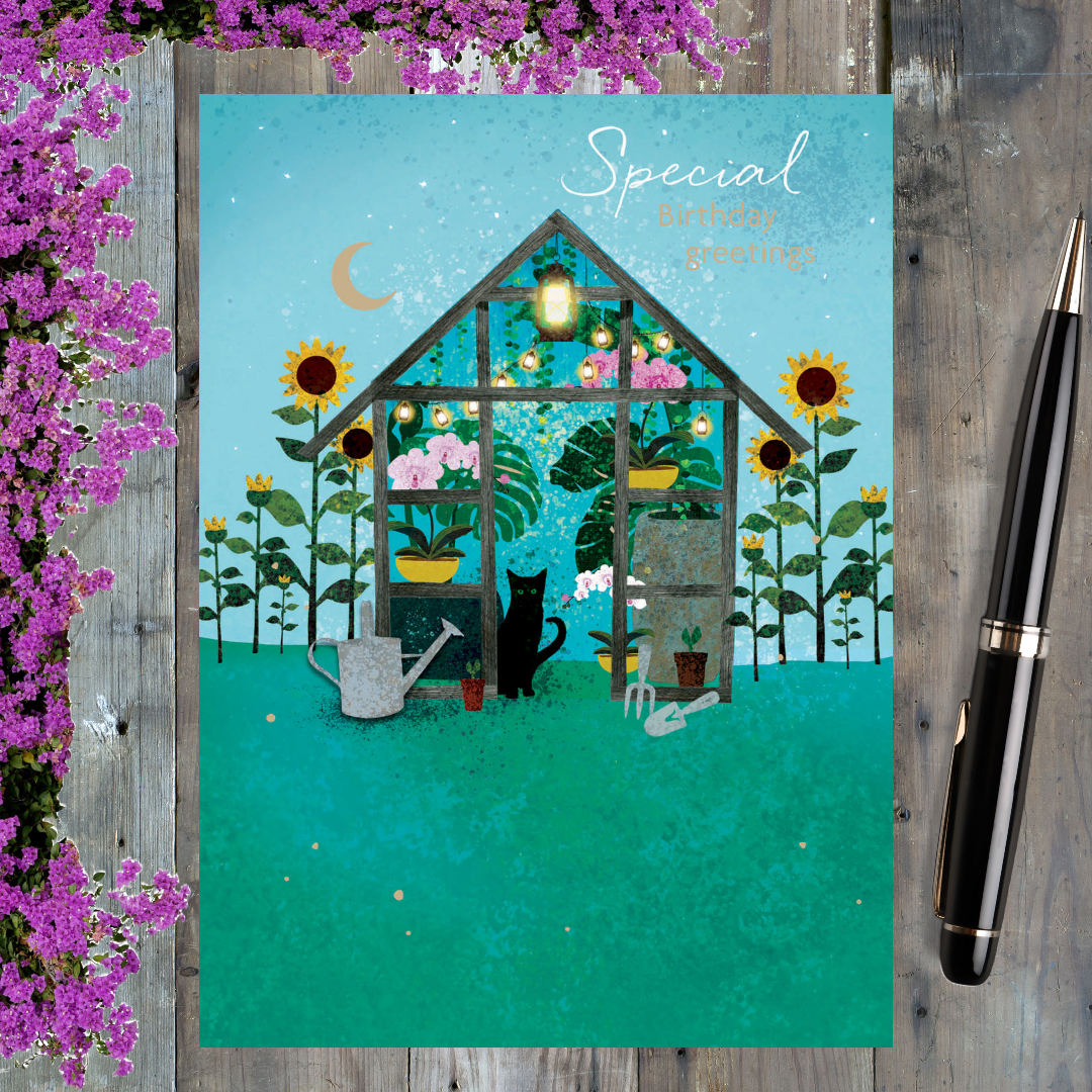 Cat Birthday Card - Cat in Greenhouse  - V Selby - Sale For Our Animal Charity